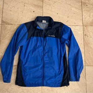 Mens Columbia blue windbreaker size medium hood in zipper pouch in collar